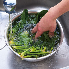 【下ごしらえ】<br>ほうれん草は茎の部分に切り込みを入れる。たっぷりの水が入ったボウルの中に入れ泥を落とし、ざく切りにする。<br>柿の種は袋の上から粒感が残るよう、軽く砕く。にんにくは半分に切って芽を取り、つぶす。