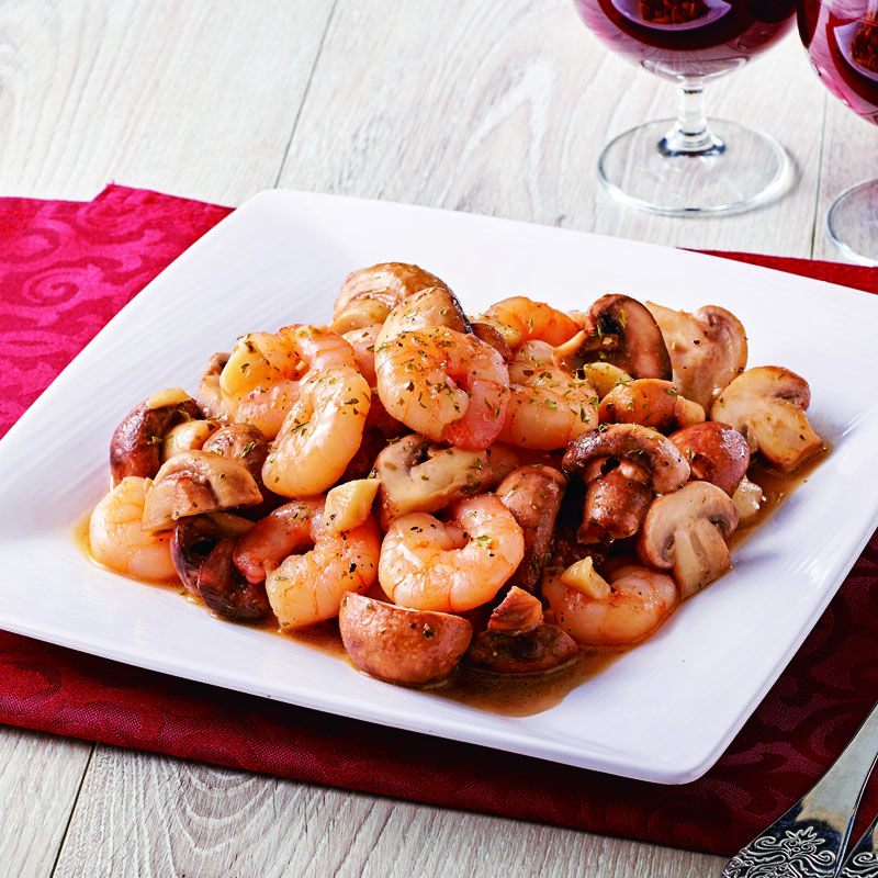 むきえびとマッシュルームのにんにくバターソテー