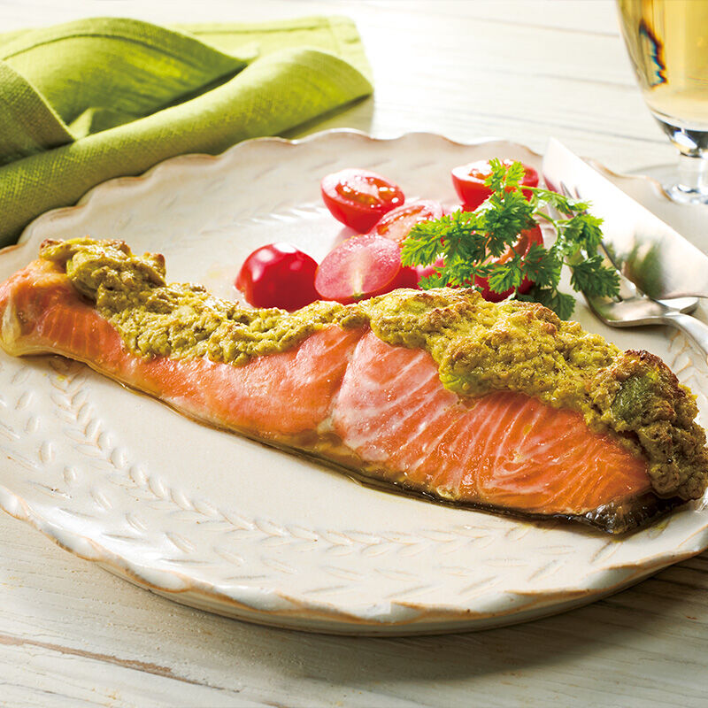 そら豆香る、生銀鮭のジェノベーゼ・チーズ焼き